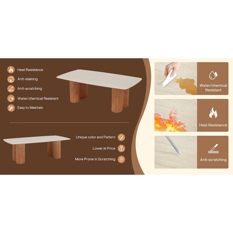 Table de conférence de 1,98 m avec plateau en pierre frittée et base en bois massif à rayures ondulées