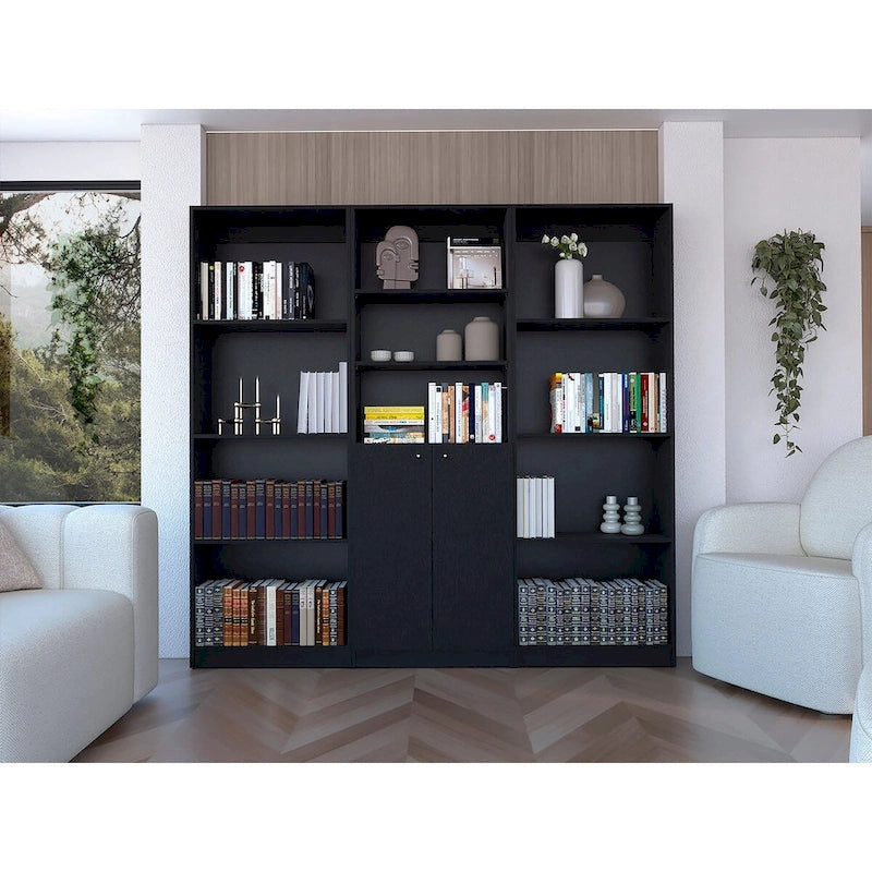 Ensemble de 3 pièces Kenyon, bibliothèque de 74 po de large avec 5 étagères et armoire