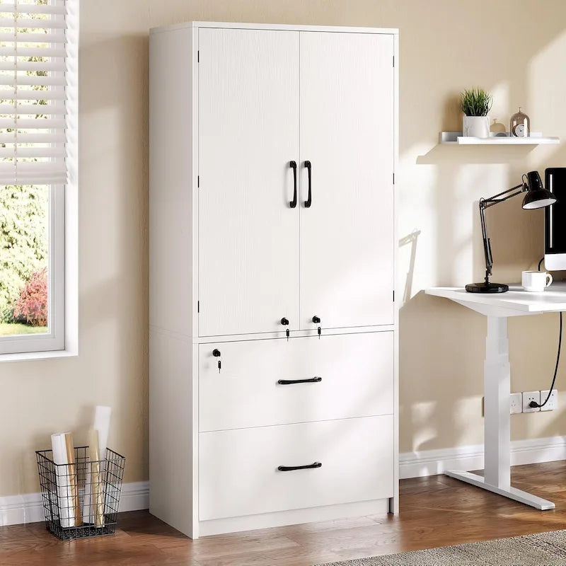 Moasis 68H Grande Armoire de Classement en Bois Robuste 2 Tiroirs avec Serrure et Étagères Réglables