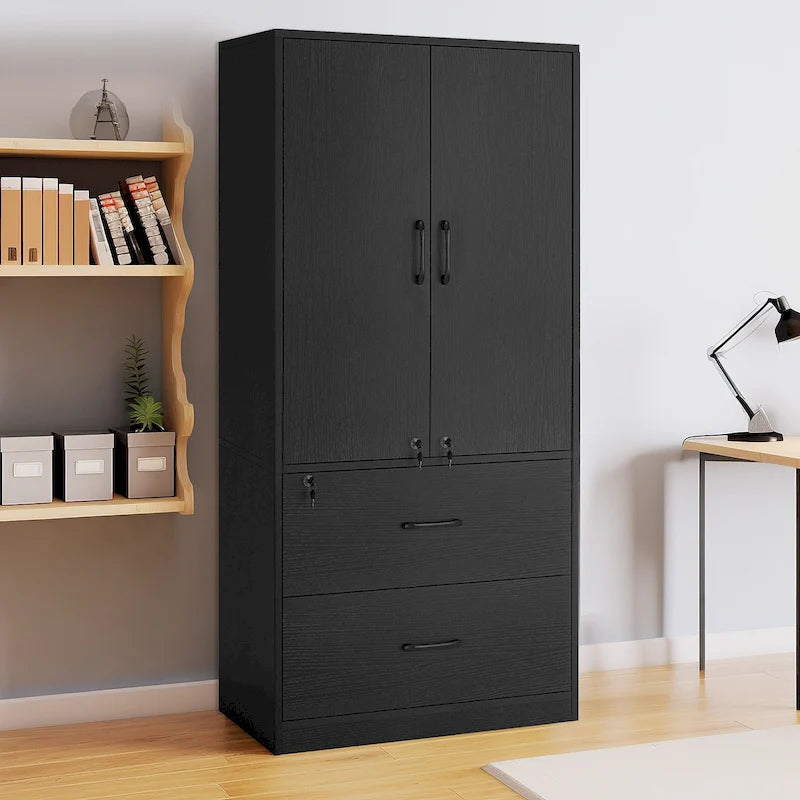 Moasis 68H Grande Armoire de Classement en Bois Robuste 2 Tiroirs avec Serrure et Étagères Réglables
