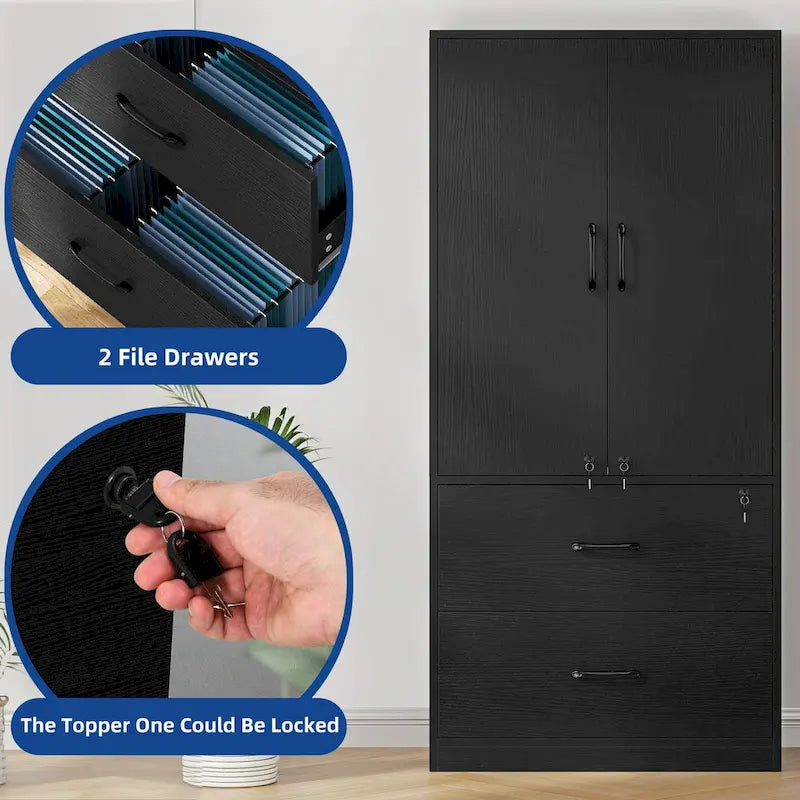 Moasis 68H Grande Armoire de Classement en Bois Robuste 2 Tiroirs avec Serrure et Étagères Réglables