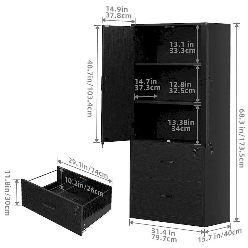 Moasis 68H Grande Armoire de Classement en Bois Robuste 2 Tiroirs avec Serrure et Étagères Réglables