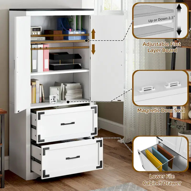 Moasis 68H Grande Armoire de Classement en Bois Robuste 2 Tiroirs avec Serrure et Étagères Réglables
