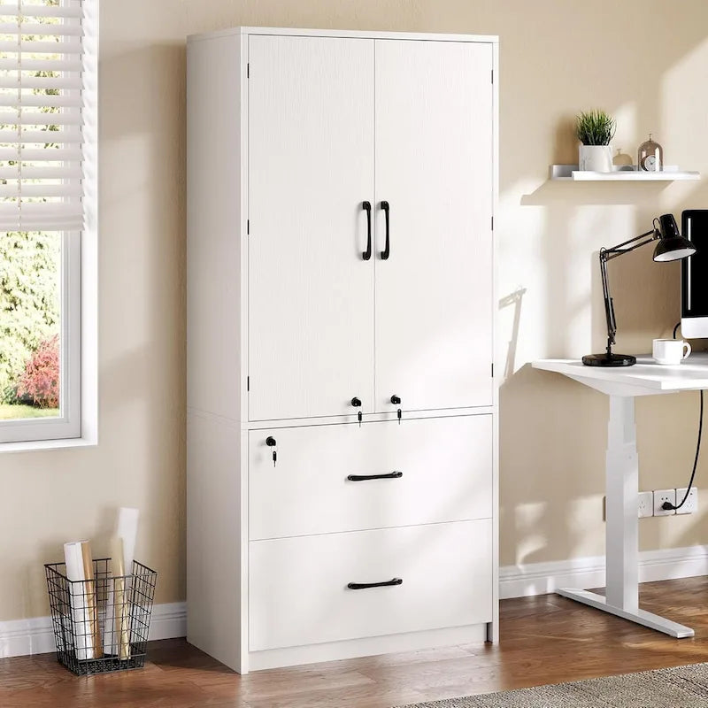 Moasis 68H Grande Armoire de Classement en Bois Robuste 2 Tiroirs avec Serrure et Étagères Réglables