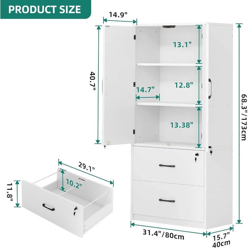 Moasis 68H Grande Armoire de Classement en Bois Robuste 2 Tiroirs avec Serrure et Étagères Réglables