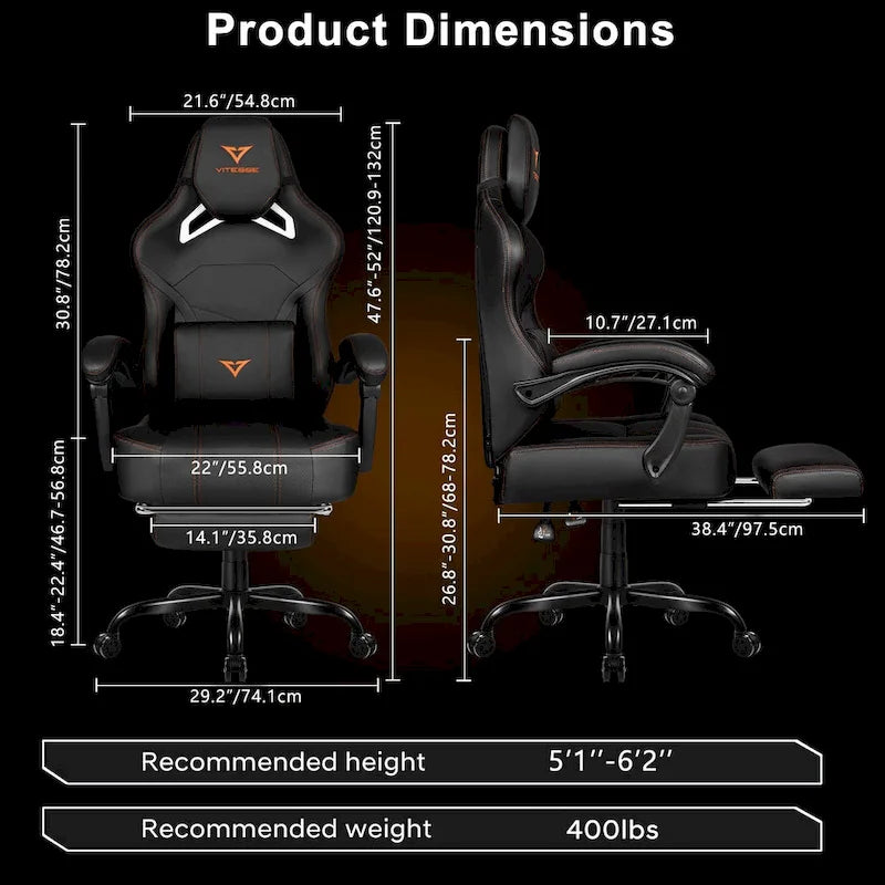 Chaise de jeu BOSSIN grande taille 400 lb avec repose-pieds, chaise de jeu vidéo ergonomique pour adultes avec appuie-tête et oreiller lombaire