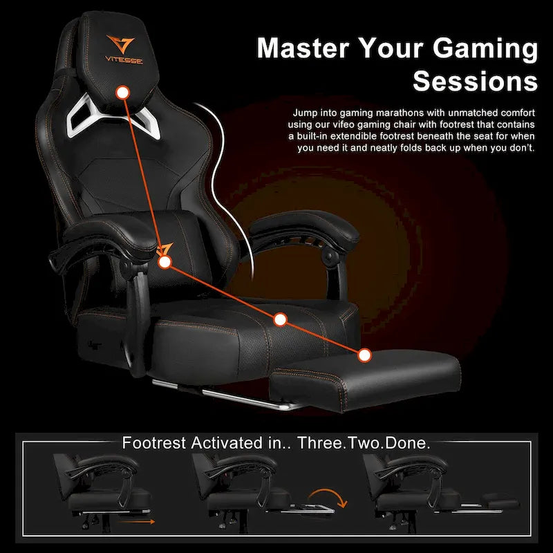 Chaise de jeu BOSSIN grande taille 400 lb avec repose-pieds, chaise de jeu vidéo ergonomique pour adultes avec appuie-tête et oreiller lombaire