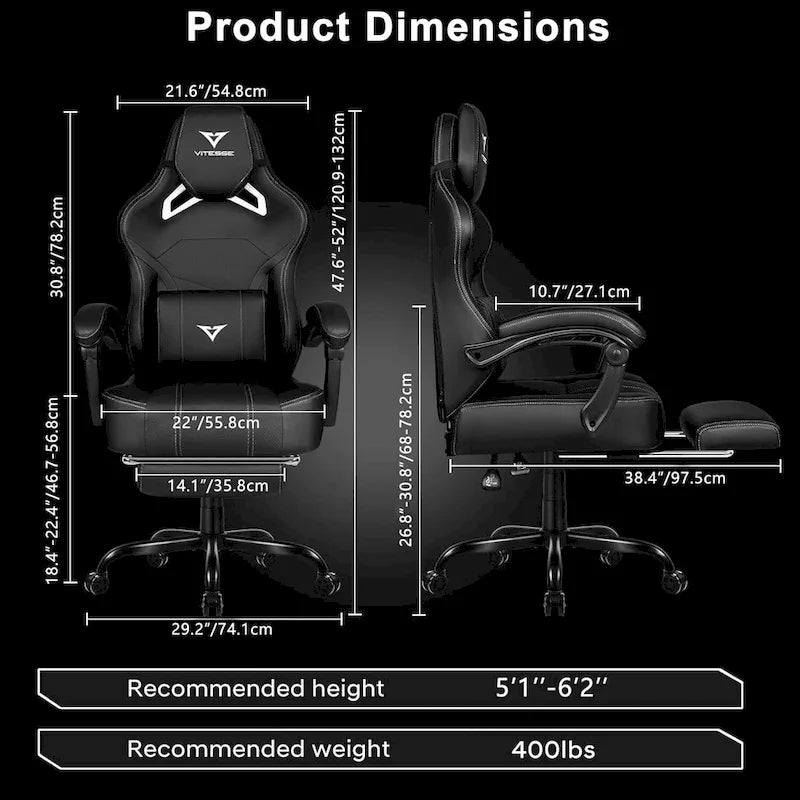 Chaise de jeu BOSSIN grande taille 400 lb avec repose-pieds, chaise de jeu vidéo ergonomique pour adultes avec appuie-tête et oreiller lombaire