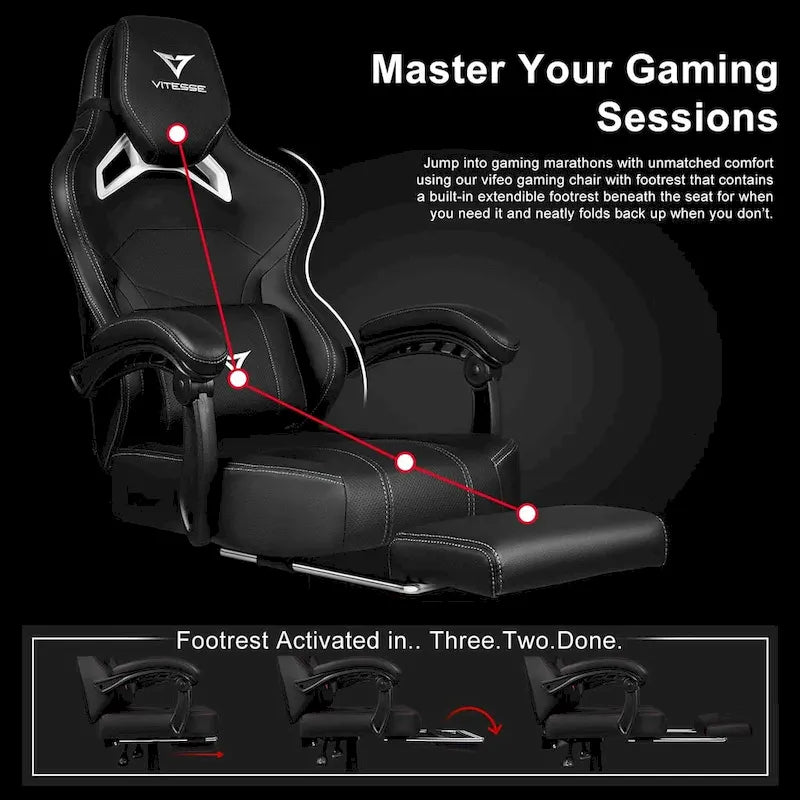 Chaise de jeu BOSSIN grande taille 400 lb avec repose-pieds, chaise de jeu vidéo ergonomique pour adultes avec appuie-tête et oreiller lombaire