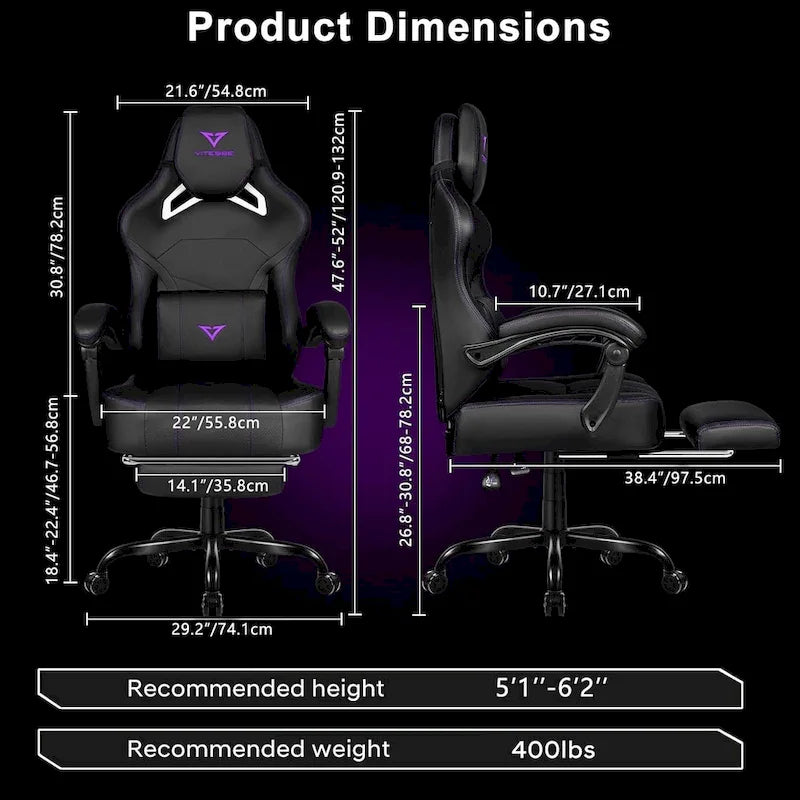 Chaise de jeu BOSSIN grande taille 400 lb avec repose-pieds, chaise de jeu vidéo ergonomique pour adultes avec appuie-tête et oreiller lombaire