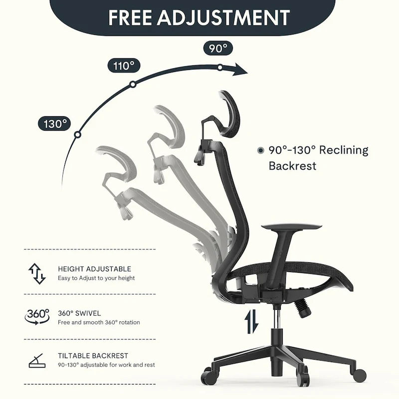 FlexiSpot Chaise de Bureau Ergonomique Pivotante à 360° Réglable en Hauteur en Maille avec Appui-tête Réglable, Soutien Lombaire et Accoudoirs