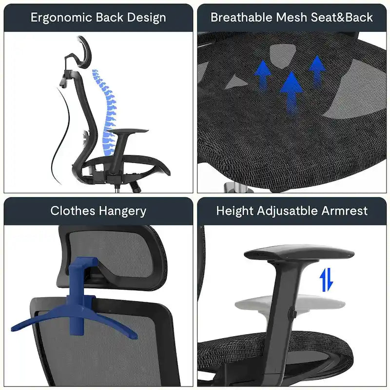 FlexiSpot Chaise de Bureau Ergonomique Pivotante à 360° Réglable en Hauteur en Maille avec Appui-tête Réglable, Soutien Lombaire et Accoudoirs