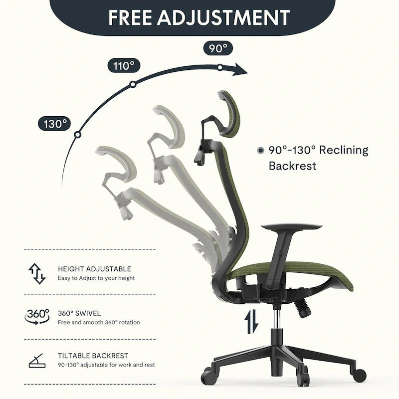 FlexiSpot Chaise de Bureau Ergonomique Pivotante à 360° Réglable en Hauteur en Maille avec Appui-tête Réglable, Soutien Lombaire et Accoudoirs