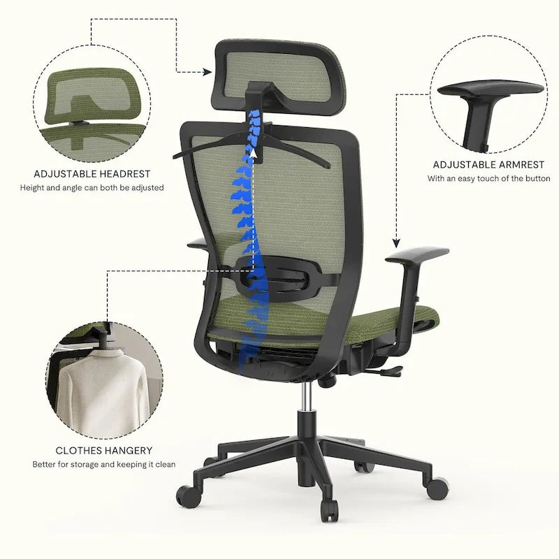 FlexiSpot Chaise de Bureau Ergonomique Pivotante à 360° Réglable en Hauteur en Maille avec Appui-tête Réglable, Soutien Lombaire et Accoudoirs