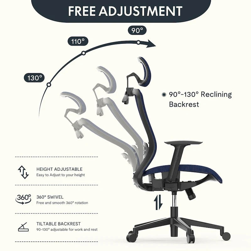 FlexiSpot Chaise de Bureau Ergonomique Pivotante à 360° Réglable en Hauteur en Maille avec Appui-tête Réglable, Soutien Lombaire et Accoudoirs