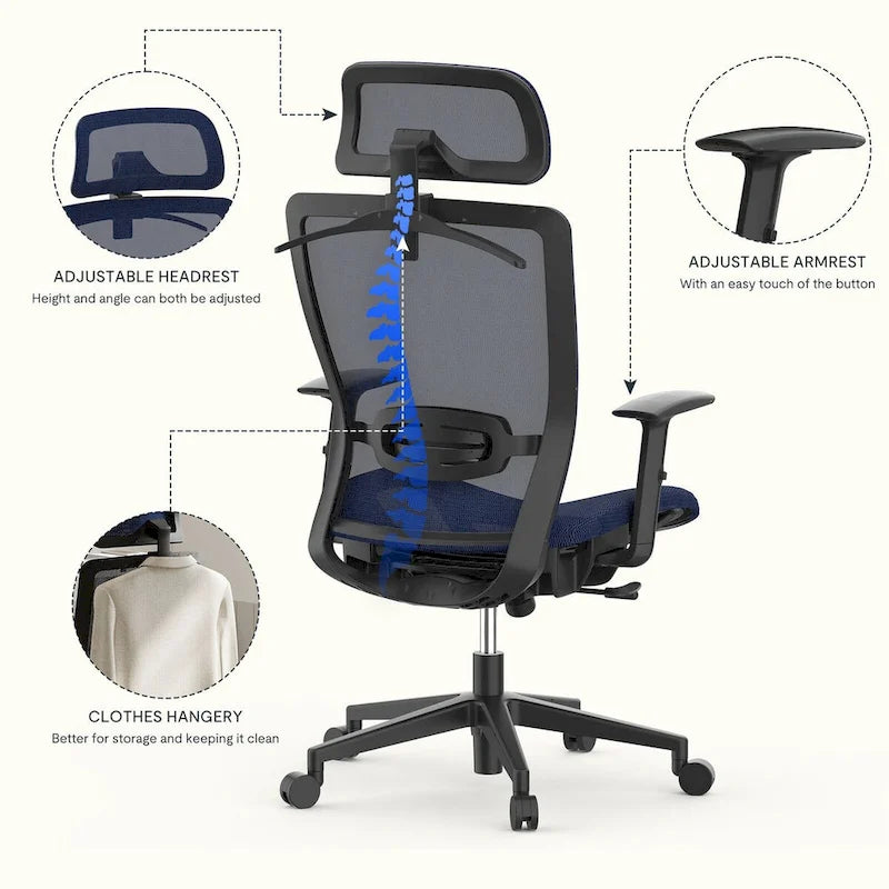 FlexiSpot Chaise de Bureau Ergonomique Pivotante à 360° Réglable en Hauteur en Maille avec Appui-tête Réglable, Soutien Lombaire et Accoudoirs