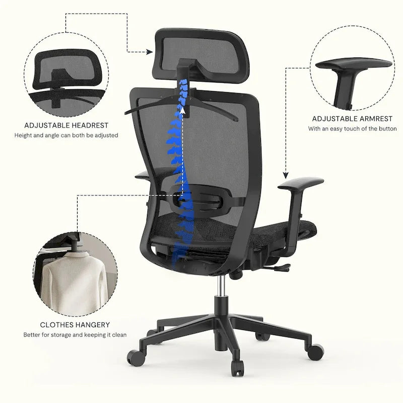 FlexiSpot Chaise de Bureau Ergonomique Pivotante à 360° Réglable en Hauteur en Maille avec Appui-tête Réglable, Soutien Lombaire et Accoudoirs