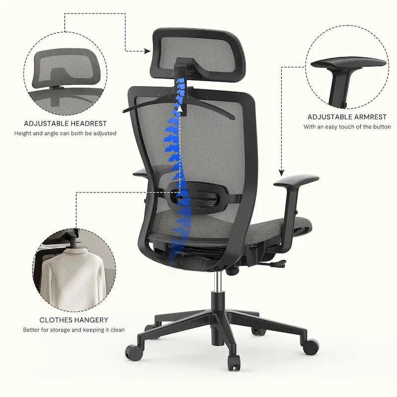 FlexiSpot Chaise de Bureau Ergonomique Pivotante à 360° Réglable en Hauteur en Maille avec Appui-tête Réglable, Soutien Lombaire et Accoudoirs