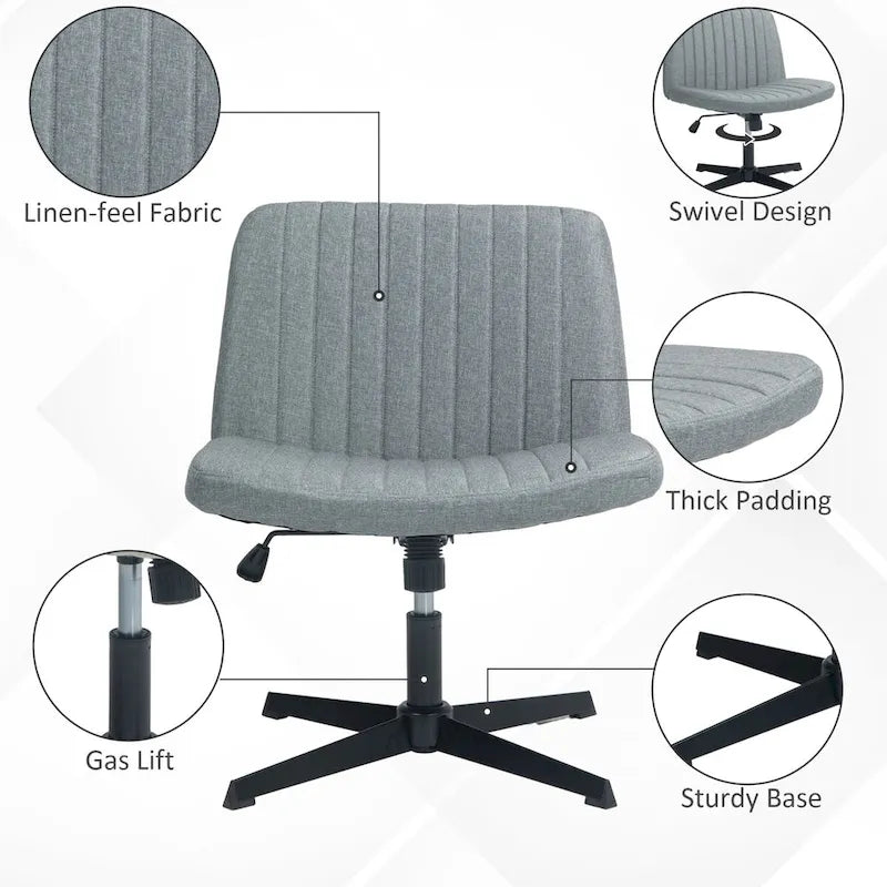 Chaise de bureau large HOMCOM, chaise de bureau sans accoudoirs, chaise de coiffeuse en tissu pour ordinateur avec hauteur réglable