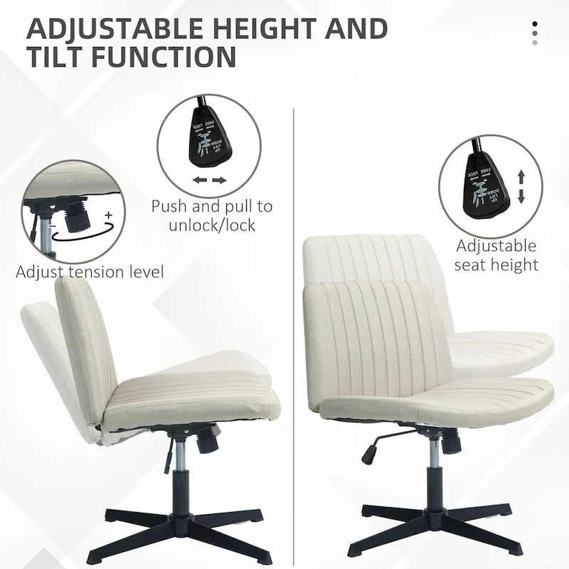 Chaise de bureau large HOMCOM, chaise de bureau sans accoudoirs, chaise de coiffeuse en tissu pour ordinateur avec hauteur réglable