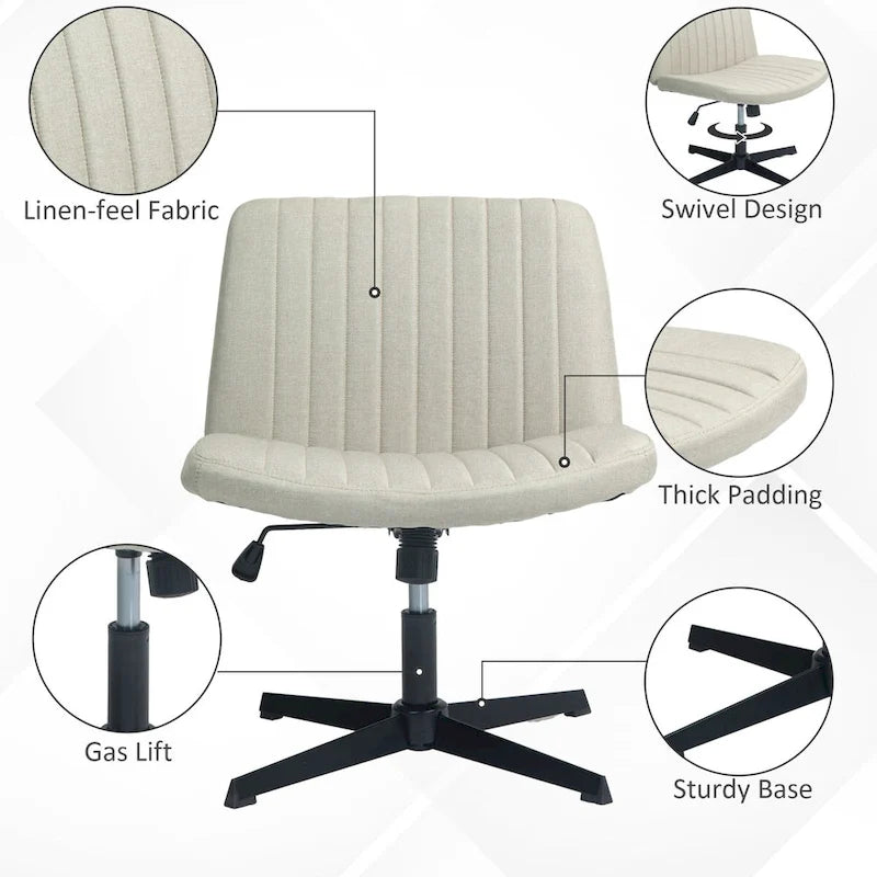 Chaise de bureau large HOMCOM, chaise de bureau sans accoudoirs, chaise de coiffeuse en tissu pour ordinateur avec hauteur réglable