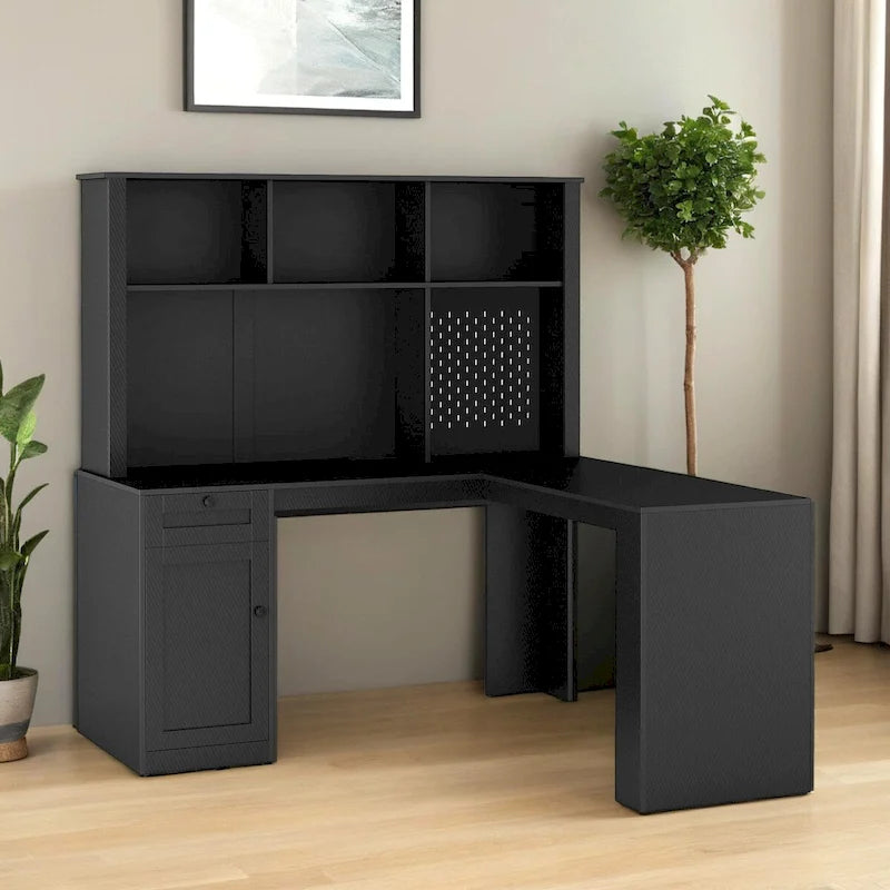 Bureau en L avec Chargeur, Bureau d'ordinateur avec Tiroirs, Étagère et Meuble haut avec Lumière LED, Bureau d'angle Moderne, Bureau à domicile