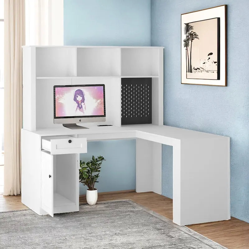 Bureau en L avec Chargeur, Bureau d'ordinateur avec Tiroirs, Étagère et Meuble haut avec Lumière LED, Bureau d'angle Moderne, Bureau à domicile