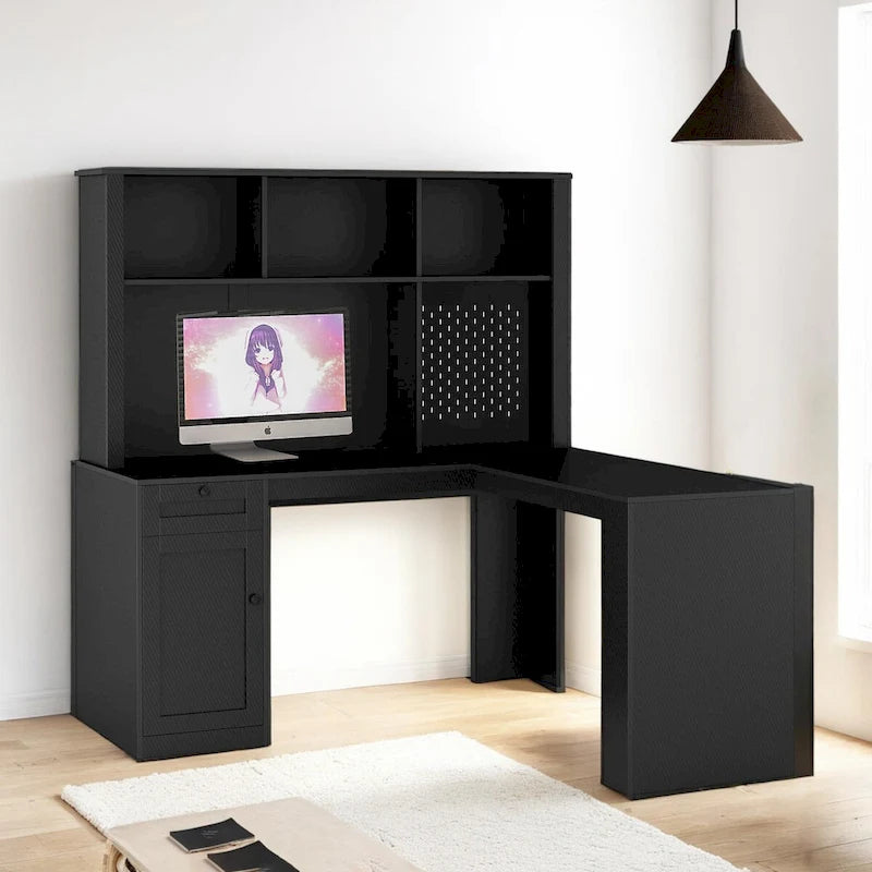 Bureau en L avec Chargeur, Bureau d'ordinateur avec Tiroirs, Étagère et Meuble haut avec Lumière LED, Bureau d'angle Moderne, Bureau à domicile