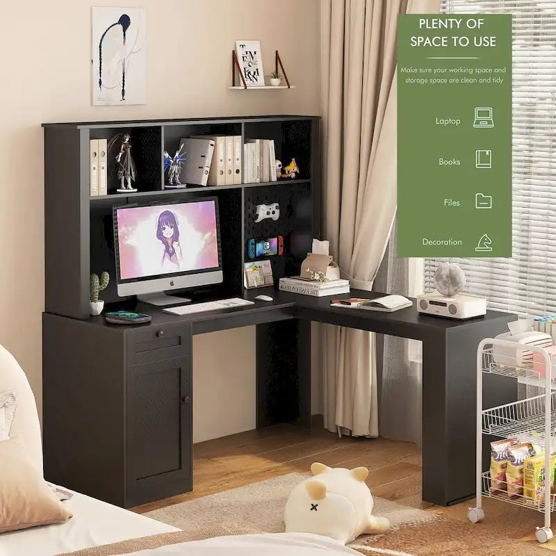 Bureau en L avec Chargeur, Bureau d'ordinateur avec Tiroirs, Étagère et Meuble haut avec Lumière LED, Bureau d'angle Moderne, Bureau à domicile