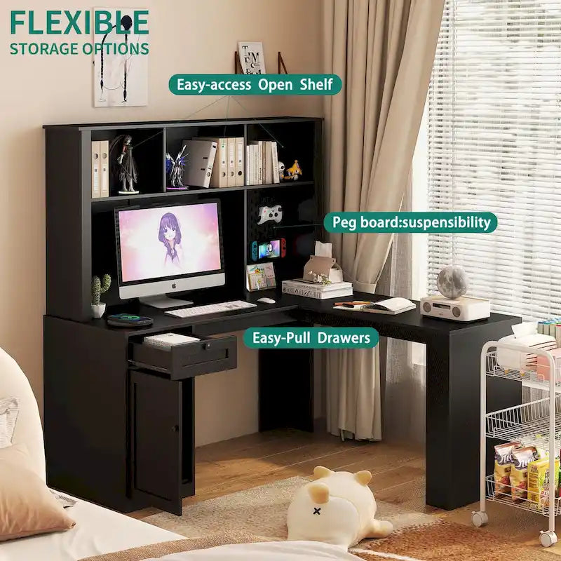 Bureau en L avec Chargeur, Bureau d'ordinateur avec Tiroirs, Étagère et Meuble haut avec Lumière LED, Bureau d'angle Moderne, Bureau à domicile