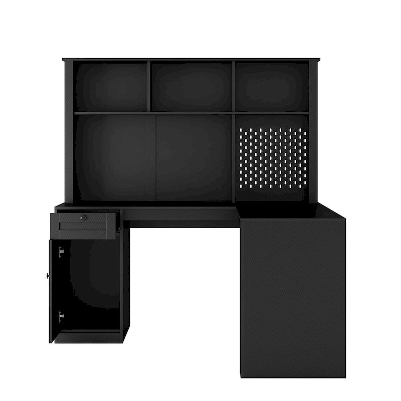 Bureau en L avec Chargeur, Bureau d'ordinateur avec Tiroirs, Étagère et Meuble haut avec Lumière LED, Bureau d'angle Moderne, Bureau à domicile