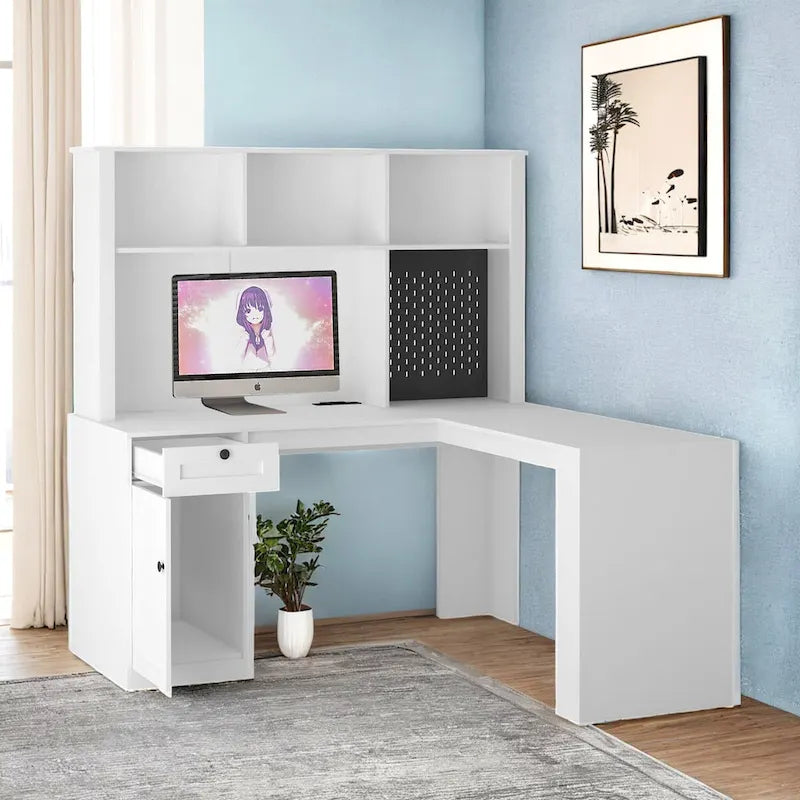 Bureau en L avec Chargeur, Bureau d'ordinateur avec Tiroirs, Étagère et Meuble haut avec Lumière LED, Bureau d'angle Moderne, Bureau à domicile