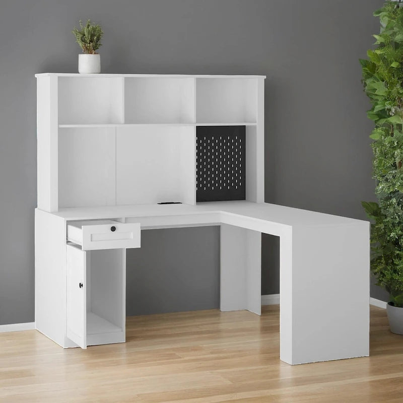 Bureau en L avec Chargeur, Bureau d'ordinateur avec Tiroirs, Étagère et Meuble haut avec Lumière LED, Bureau d'angle Moderne, Bureau à domicile