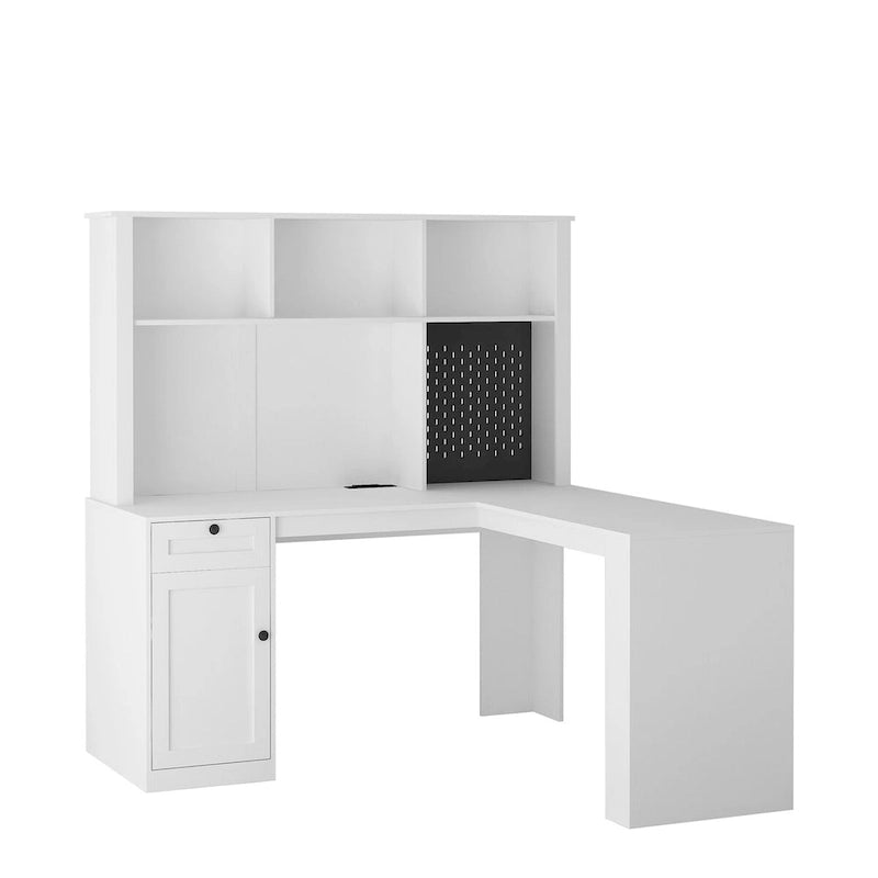 Bureau en L avec Chargeur, Bureau d'ordinateur avec Tiroirs, Étagère et Meuble haut avec Lumière LED, Bureau d'angle Moderne, Bureau à domicile