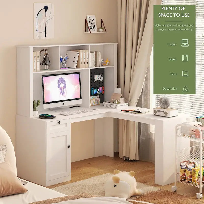Bureau en L avec Chargeur, Bureau d'ordinateur avec Tiroirs, Étagère et Meuble haut avec Lumière LED, Bureau d'angle Moderne, Bureau à domicile