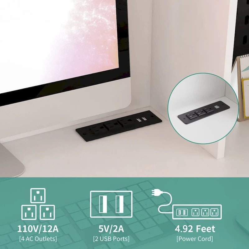 Bureau en L avec Chargeur, Bureau d'ordinateur avec Tiroirs, Étagère et Meuble haut avec Lumière LED, Bureau d'angle Moderne, Bureau à domicile