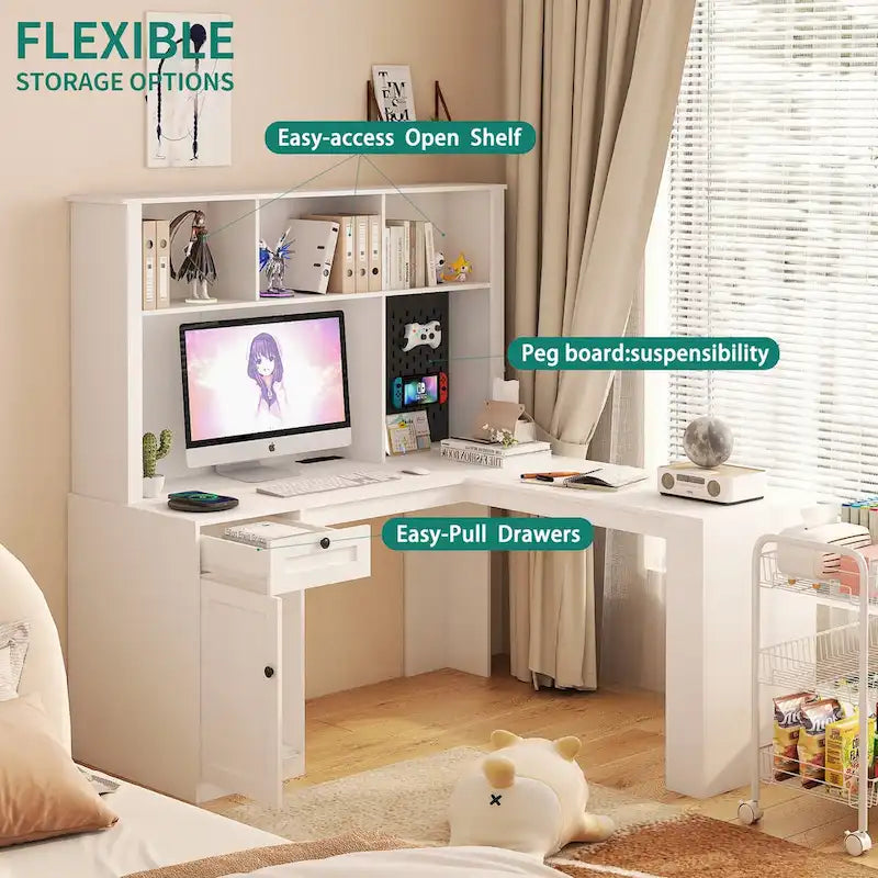 Bureau en L avec Chargeur, Bureau d'ordinateur avec Tiroirs, Étagère et Meuble haut avec Lumière LED, Bureau d'angle Moderne, Bureau à domicile