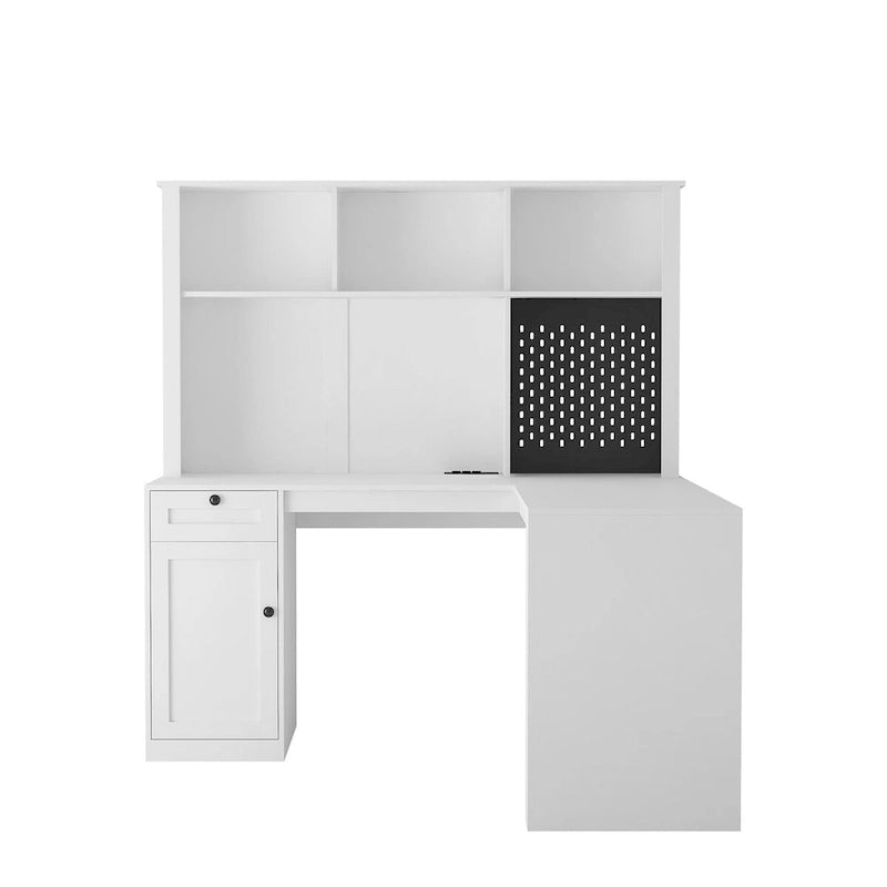 Bureau en L avec Chargeur, Bureau d'ordinateur avec Tiroirs, Étagère et Meuble haut avec Lumière LED, Bureau d'angle Moderne, Bureau à domicile