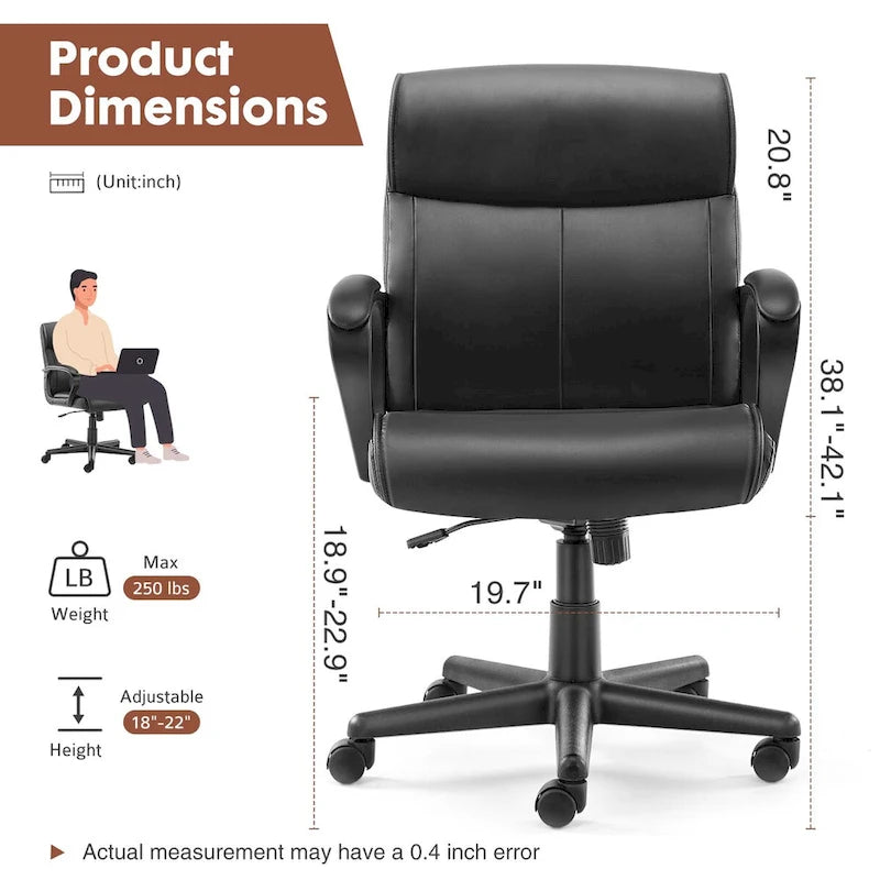 Chaise de bureau avec accoudoirs rembourrés, en cuir PU, pour la maison ou le bureau