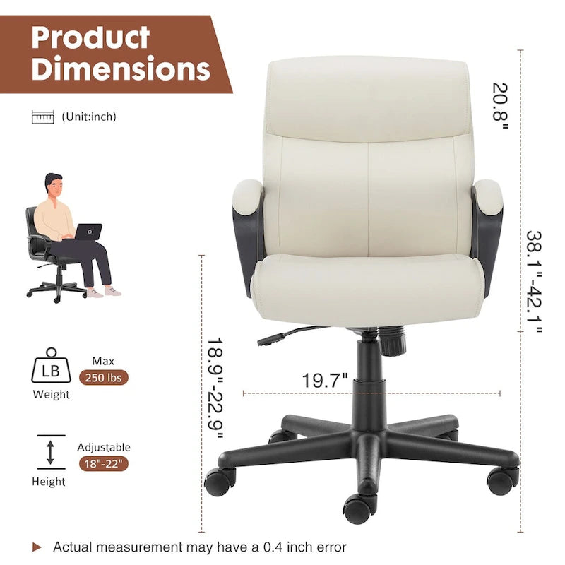 Chaise de bureau avec accoudoirs rembourrés, en cuir PU, pour la maison ou le bureau