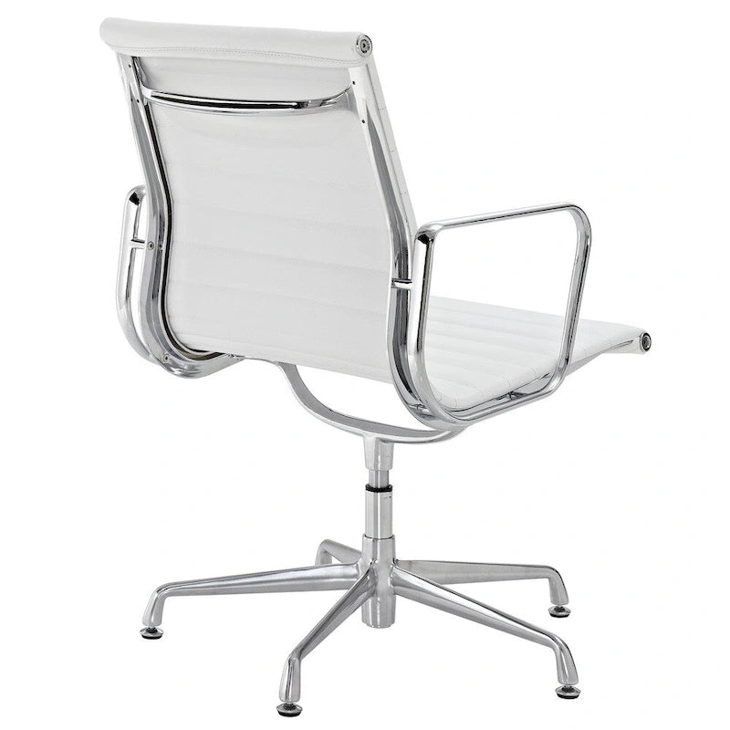 Chaise de bureau/conférence à dossier mi-hauteur, côtelée, en cuir véritable blanc