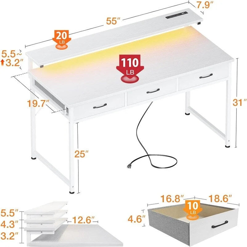Bureau d'ordinateur de 55 pouces avec 3 tiroirs