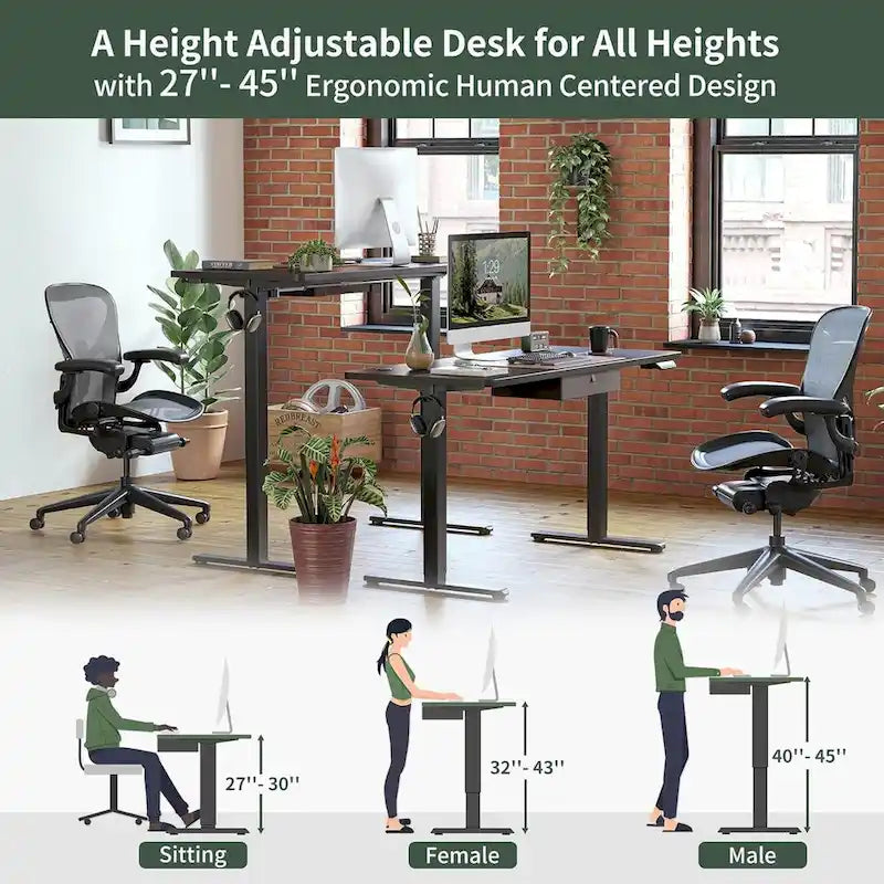 Bureau debout FEZIBO avec tiroir, bureau électrique à hauteur réglable, bureau assis-debout pour bureau à domicile, poste de travail ergonomique