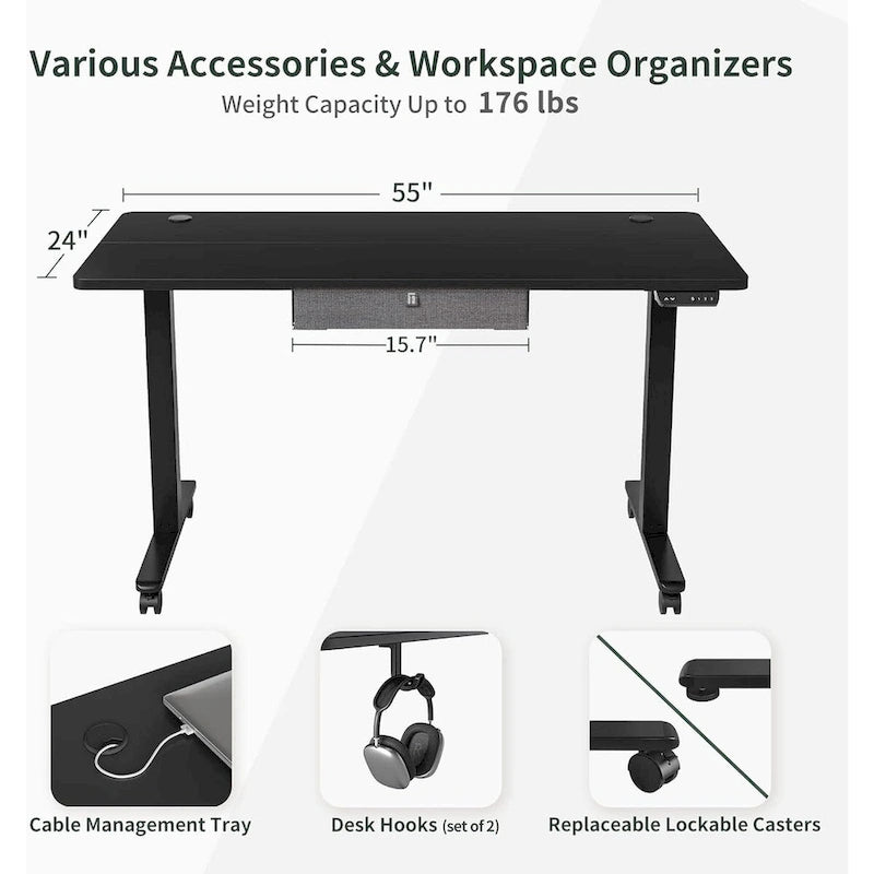Bureau debout FEZIBO avec tiroir, bureau électrique à hauteur réglable, bureau assis-debout pour bureau à domicile, poste de travail ergonomique