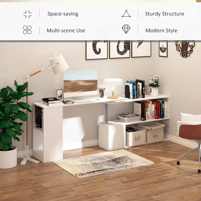 Poste de travail d'angle moderne pour bureau à domicile avec étagères de rangement à 3 niveaux