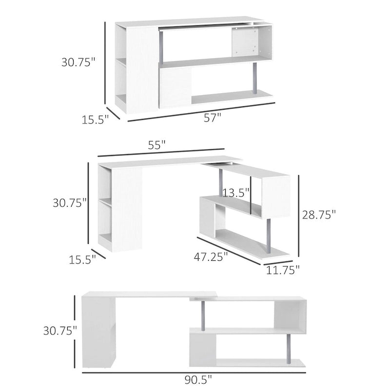 Poste de travail d'angle moderne pour bureau à domicile avec étagères de rangement à 3 niveaux