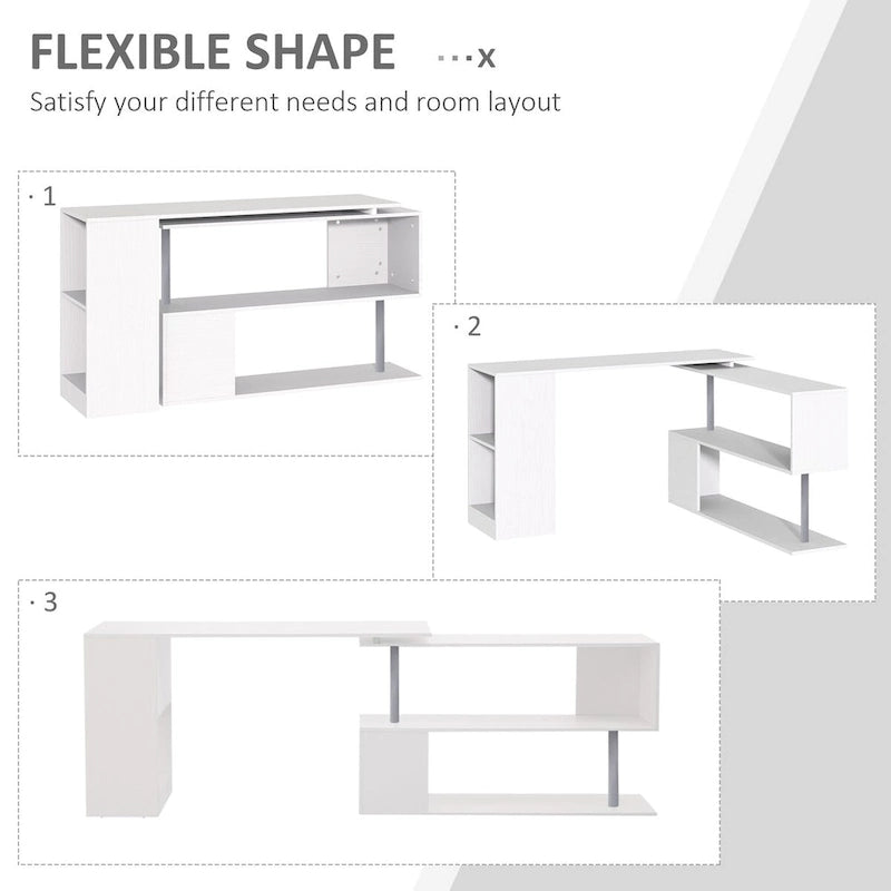 Poste de travail d'angle moderne pour bureau à domicile avec étagères de rangement à 3 niveaux