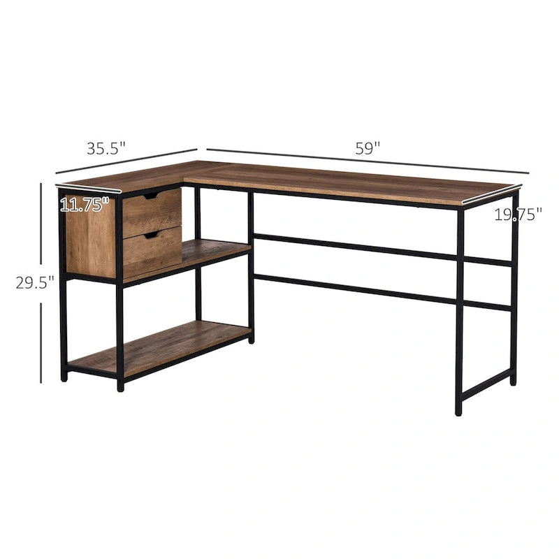 Bureau d'angle industriel avec étagères de rangement et 2 tiroirs