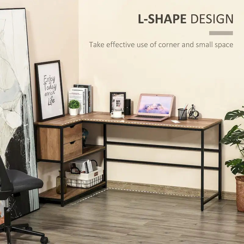 Bureau d'angle industriel avec étagères de rangement et 2 tiroirs