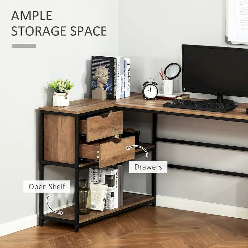 Bureau d'angle industriel avec étagères de rangement et 2 tiroirs